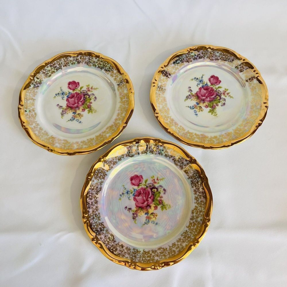 3 Antique Bavaria Heavily Gold Gild Luster Dessert Plates Pink Roses Flowers - Picture 2 of 9